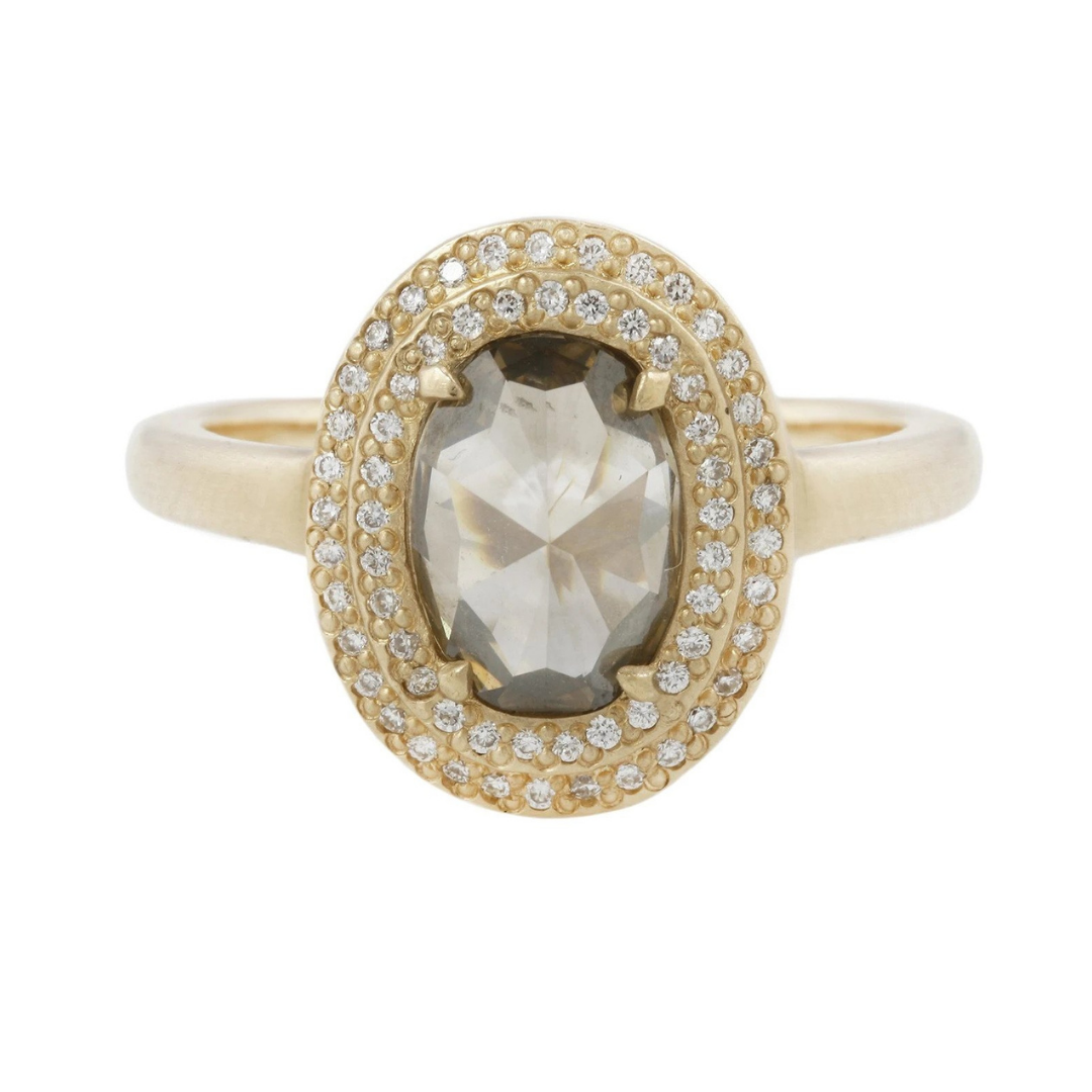Rebecca Overmann “Double Halo” diamond ring in 14k yellow gold, $12,045