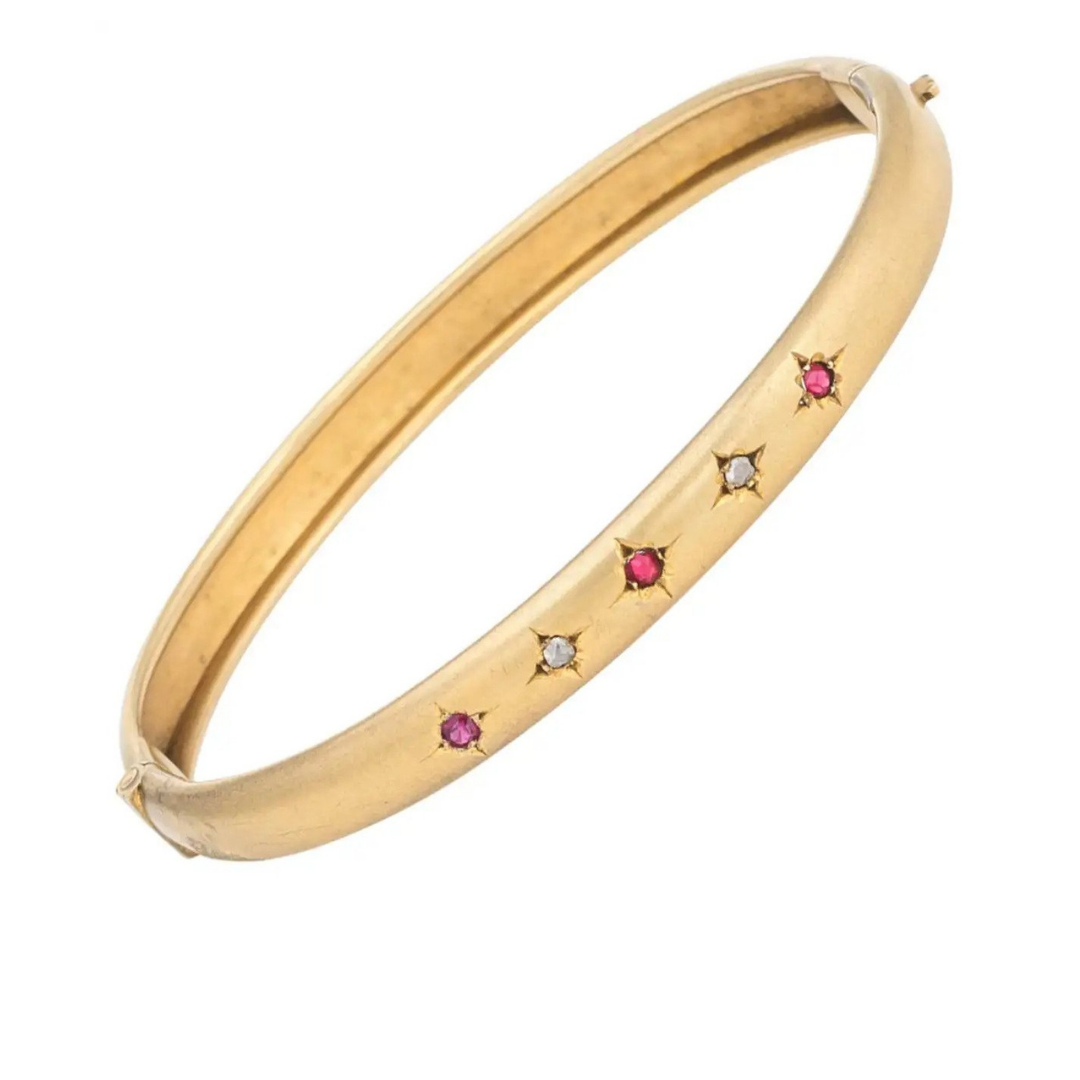 Antique Victorian Bangle Bracelet 10 Karat Yellow Gold with Ruby and Diamond, $1,075