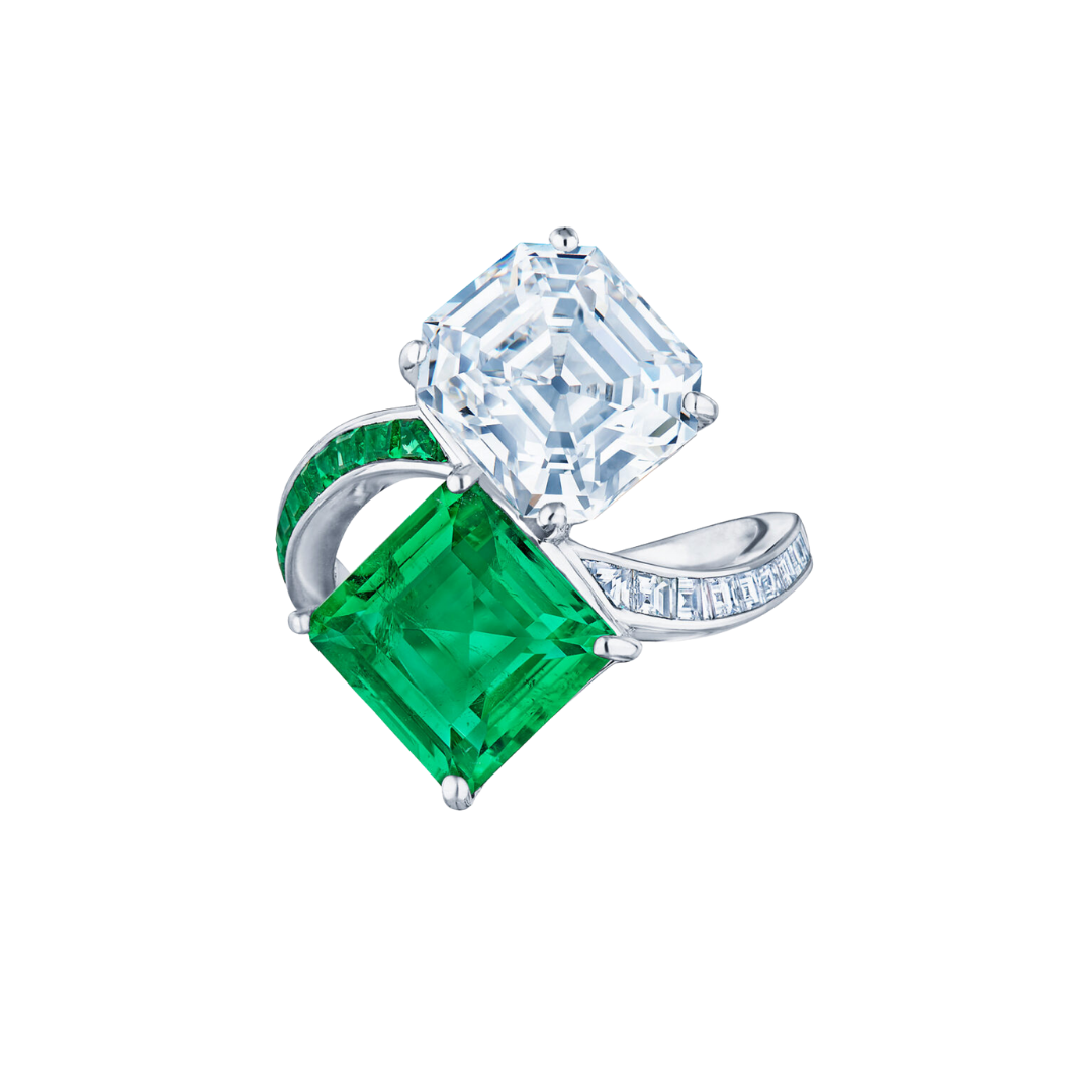 Kwiat Toi et Moi platinum ring with emeralds and diamonds, price upon request at Kwiat