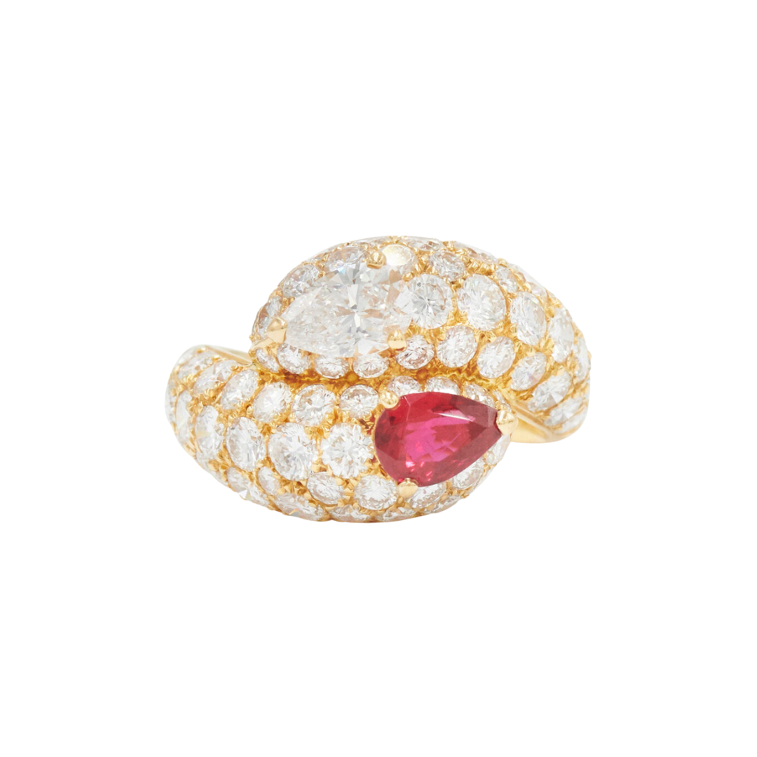Cartier vintage crossover ring in 18k yellow gold with ruby and diamonds, $40,000 at Fred Leighton
