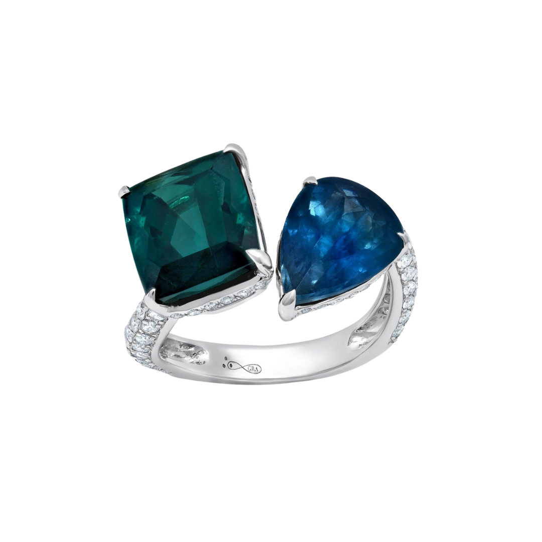 Graziela bypass ring in 18k white gold with tourmaline and aquamarine, $14,225 at Graziela