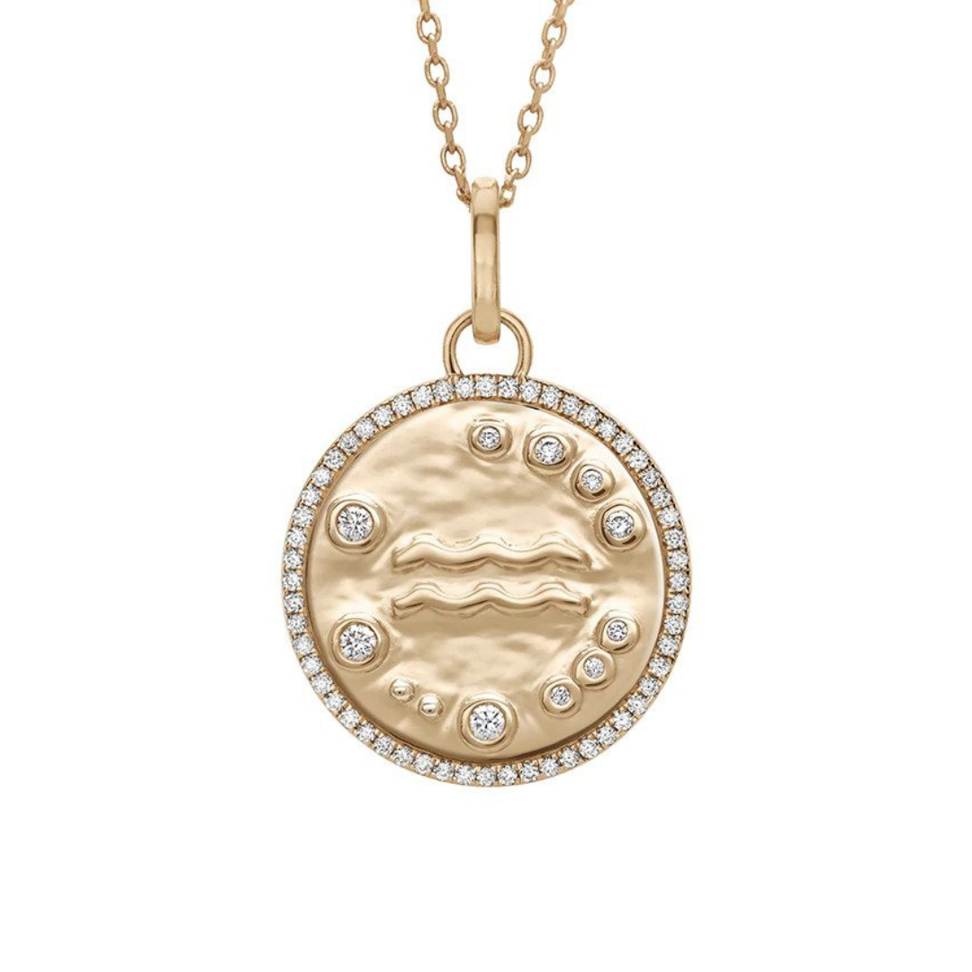 Anna Sheffield Zodiac “Aquarius” eternity pendant in 14k yellow gold with diamonds, $3,340 at Anna Sheffield