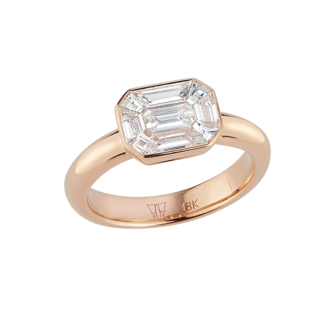 Walters Faith “Thoby” 18k rose-gold ring with east-west emerald-cut diamond, $7,500 at Walters Faith