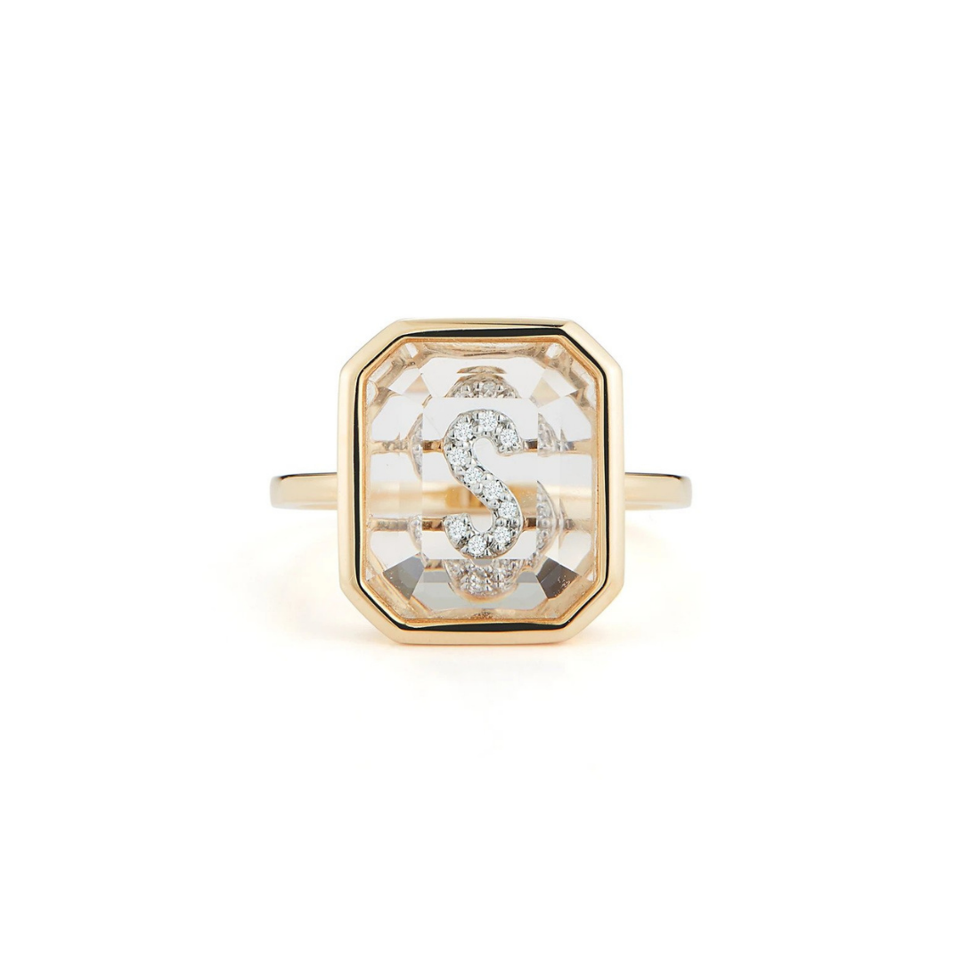 Mateo secret diamond initial ring in 14k yellow gold with crystal quartz and diamonds, $1,675 at Mateo