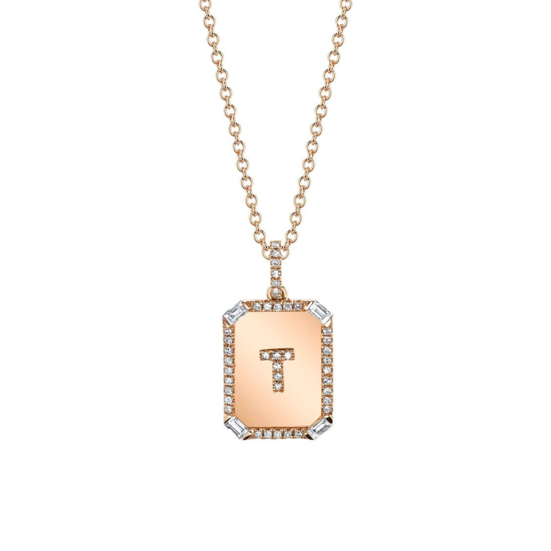 Shay initial mini nameplate necklace in 18k rose gold with diamonds, $2,200 at Shay