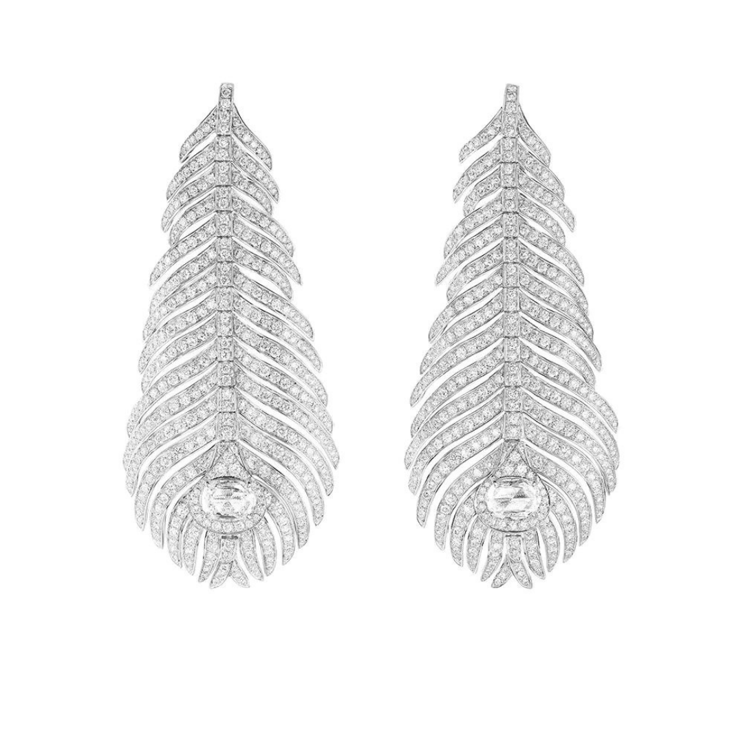 Boucheron “Plume de Paon” earrings in 18k white gold with diamonds, $108,000 at Farfetch