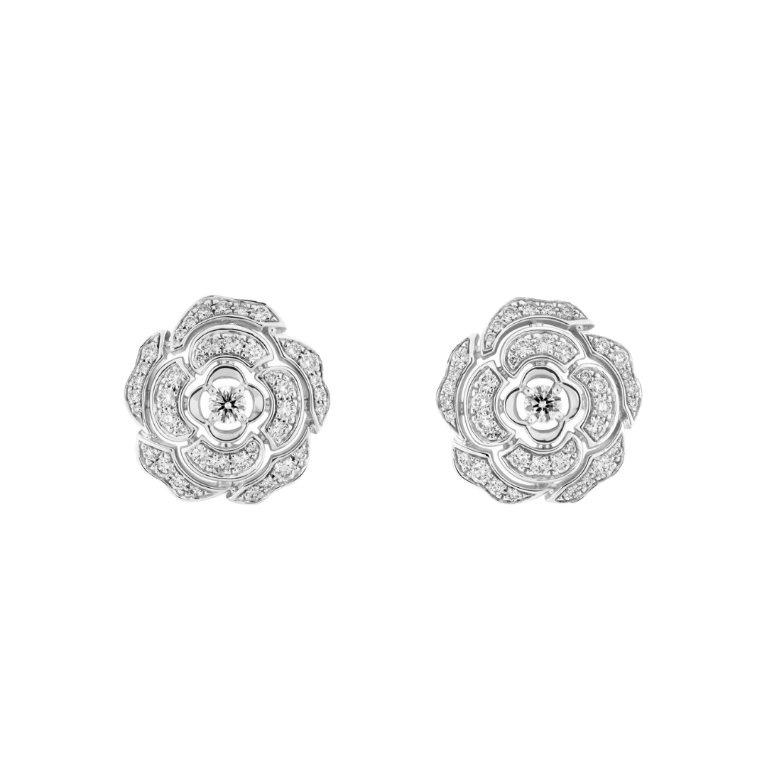  Chanel “Bouton de Camelia” earrings in 18k white gold with diamonds, $11,000 at Chanel