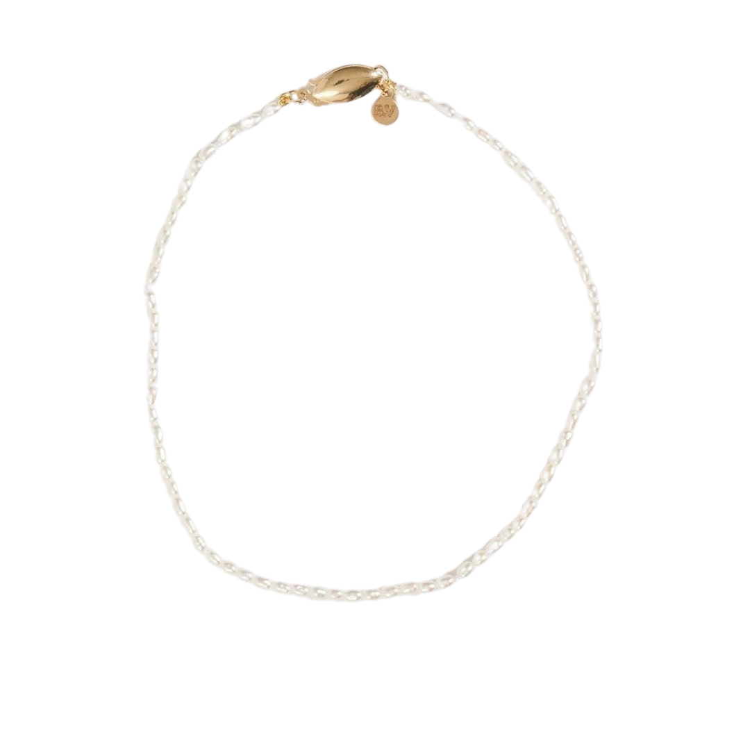 Beatrice Valenzuela “Brujeria” anklet in 14k gold with pearls, $130 at Mohawk General Store