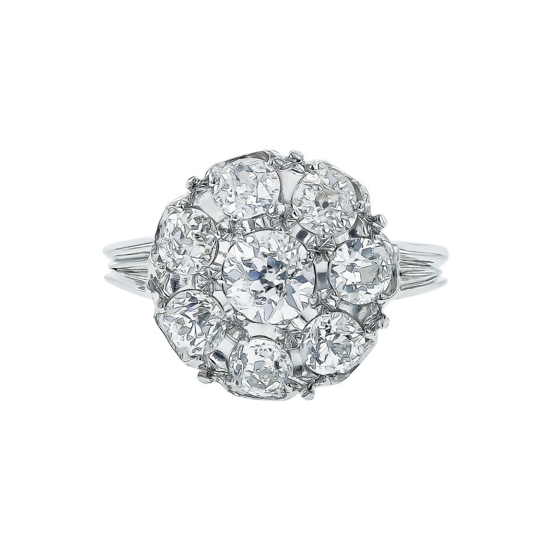 Mid-Century Platinum Diamond Cluster Ring, $3,395 at Schiffman’s