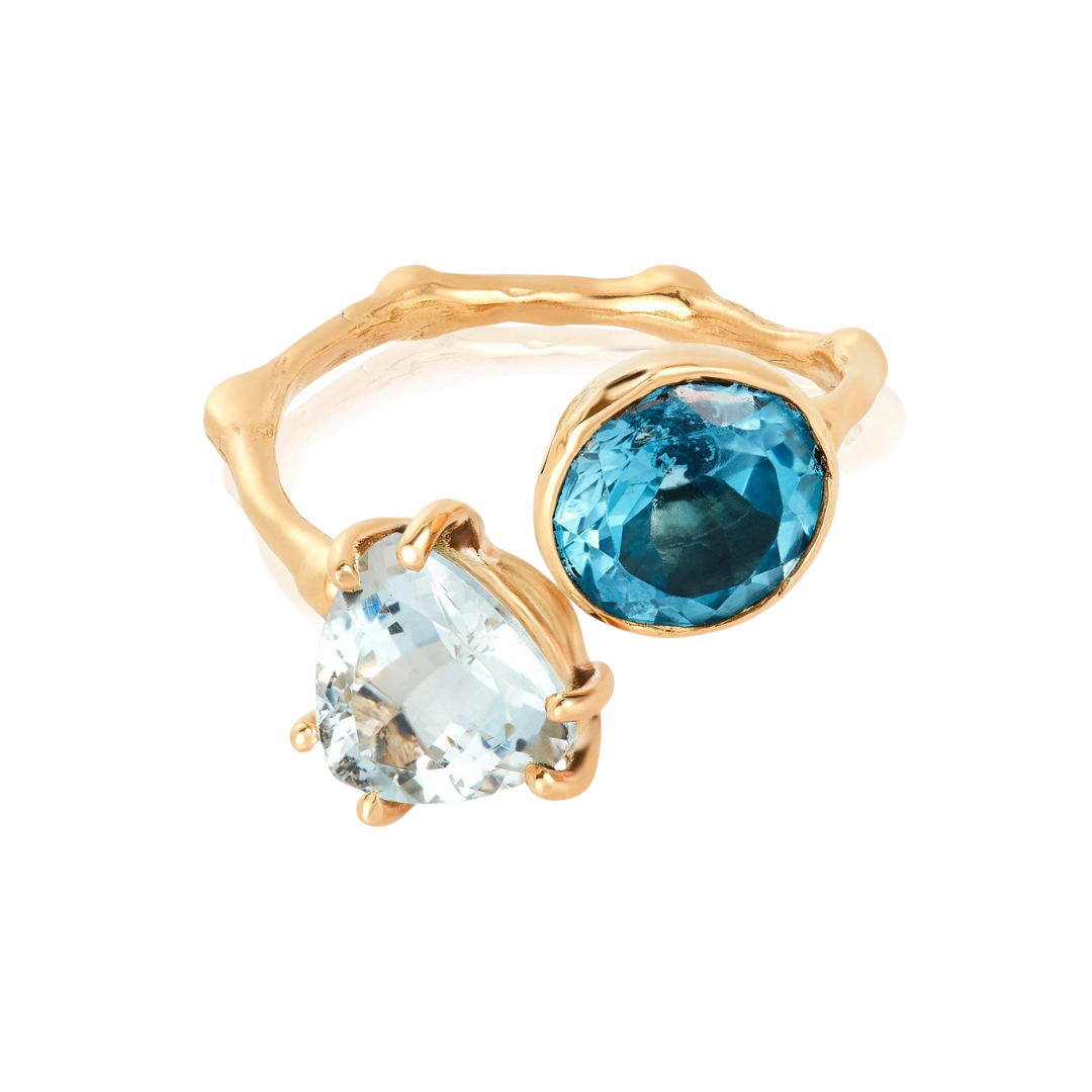 Mabel Chong "Gemini" ring in 14k gold with topaz and aquamarine, $1,450 at Mabel Chong