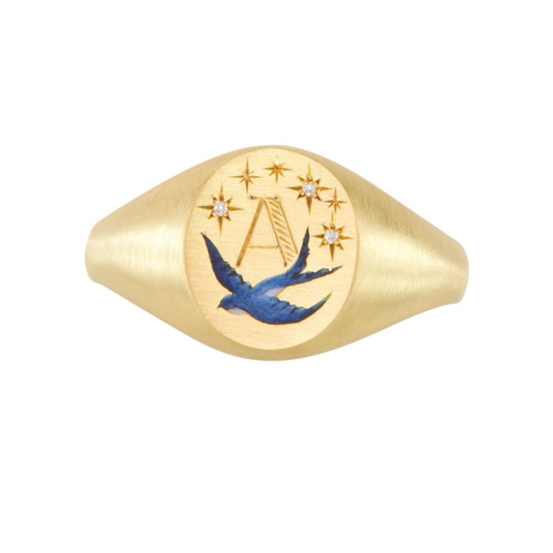 Cece Jewellery “Midnight Adventure” signet ring in 18k yellow gold with diamonds, $4,200 at Catbird