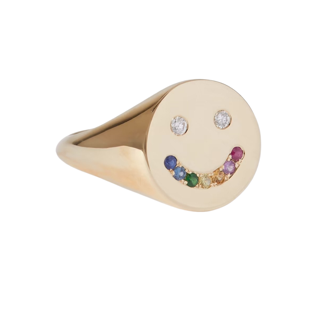 Roxanna First “Rainbow Smiley” signet ring in 14k gold with diamonds and sapphires, $1,450 at Net-a-Porter