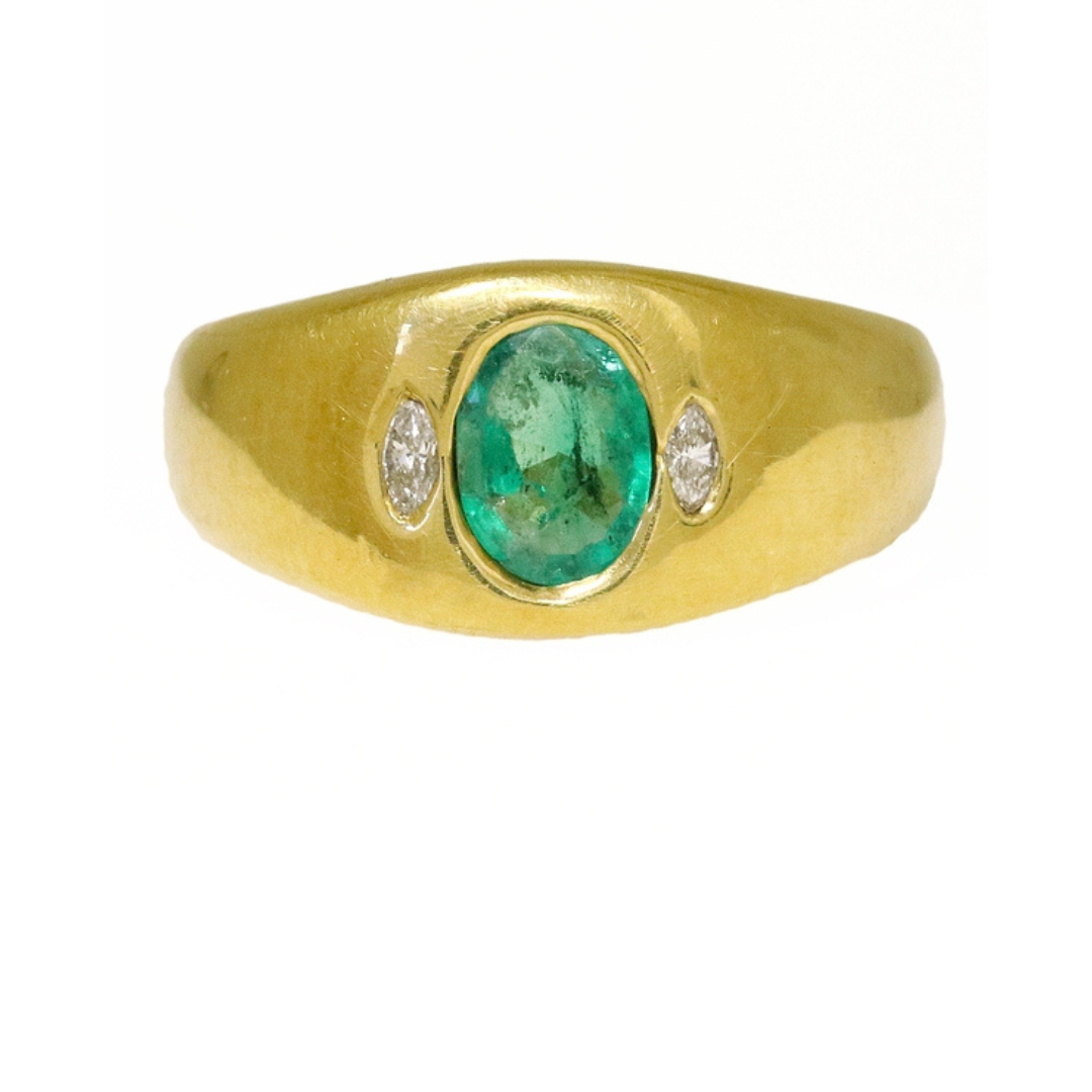 Estate signet ring in 18k yellow gold with emerald and diamonds, $1,600 at Reliable Gold Ltd.