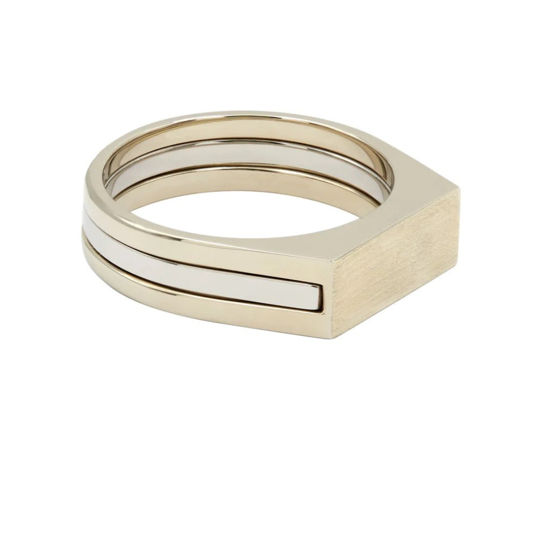 Bliss Lau engravable “Cohesive” ring set in 14k white gold and platinum, $4,560 at Bliss Lau