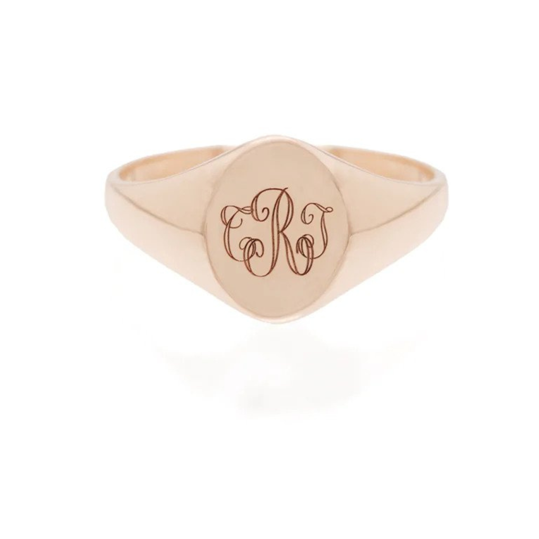 Zoë Chicco engraved “Monogram Oval” signet ring in 14k rose gold, $895 at Zoë Chicco 