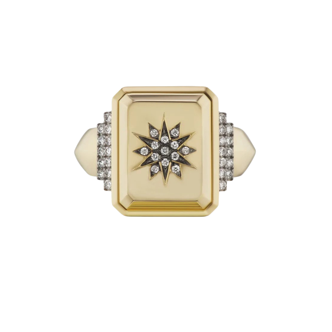 Sorellina “Victorian Star” signet ring in 18k yellow gold with diamonds, $4,200 at Sorellina