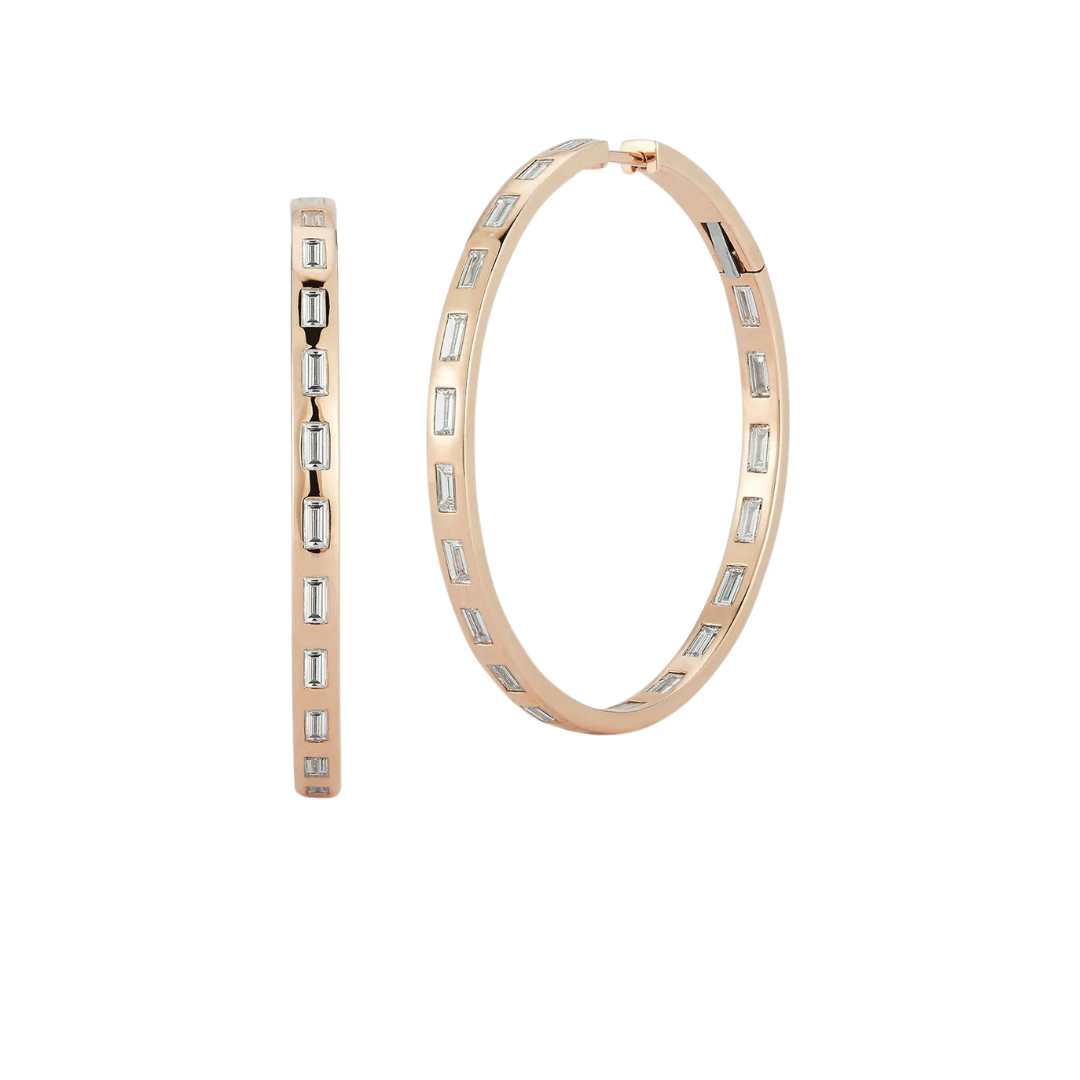 “Ottoline” 18k rose gold diamond baguette hoop earring, $9,950 at Walters Faith