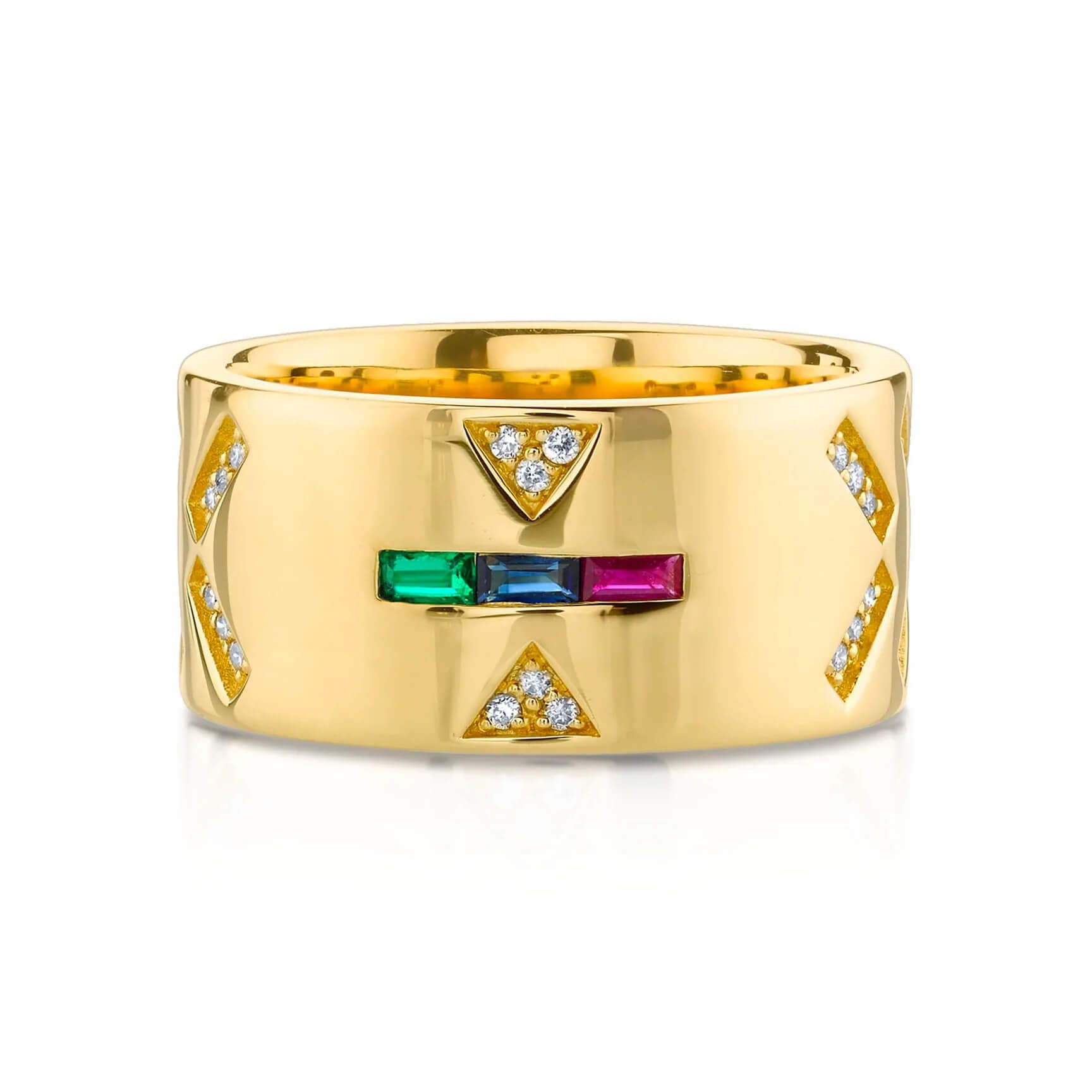 The Last Line 14k yellow gold, white diamond, and rainbow gemstones “Tattoo Wide Cigar Band,” $1,375 at The Last Line