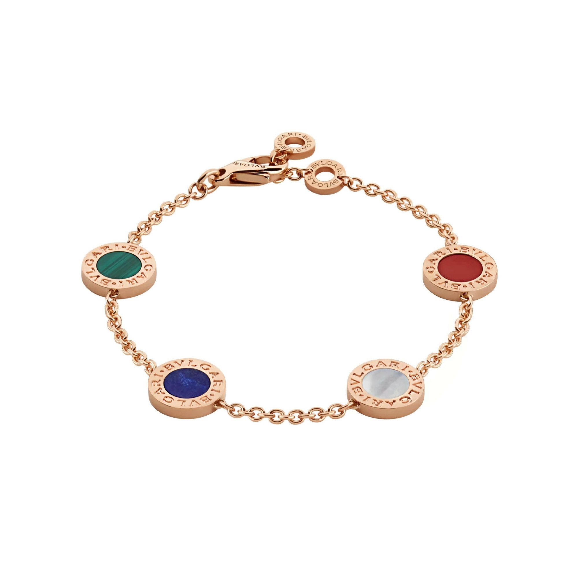 Bulgari "Bulgari Bracelet" in 18k rose gold chain bracelet with multi-colored stones, $4,250 at Bulgari