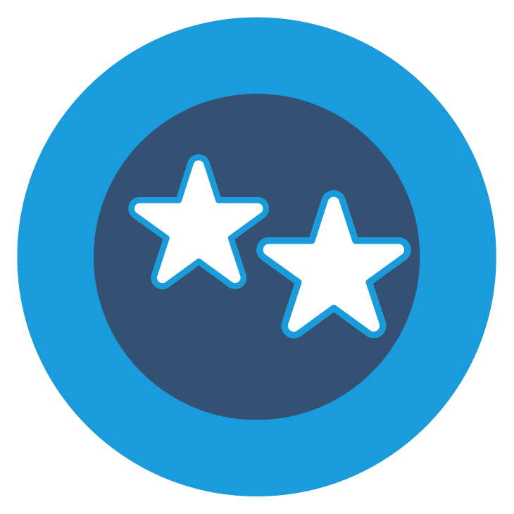 Digital badge with two white star icons inside a dark blue circle, surrounded by a light blue ring.