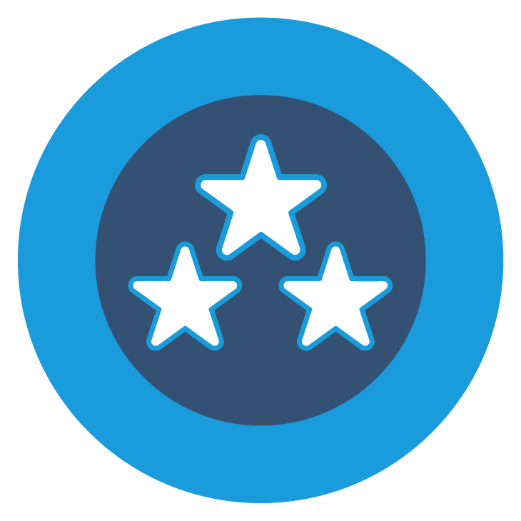 Icon with three white stars outlined in blue inside a dark circle, surrounded by a larger blue circle