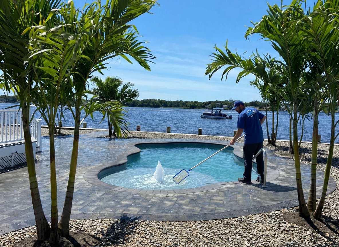 A person cleaning a small, kidney-shaped hot tub or small pool with a pool skimmer net, near a body of water with boats and trees in the background, framed by palm trees.