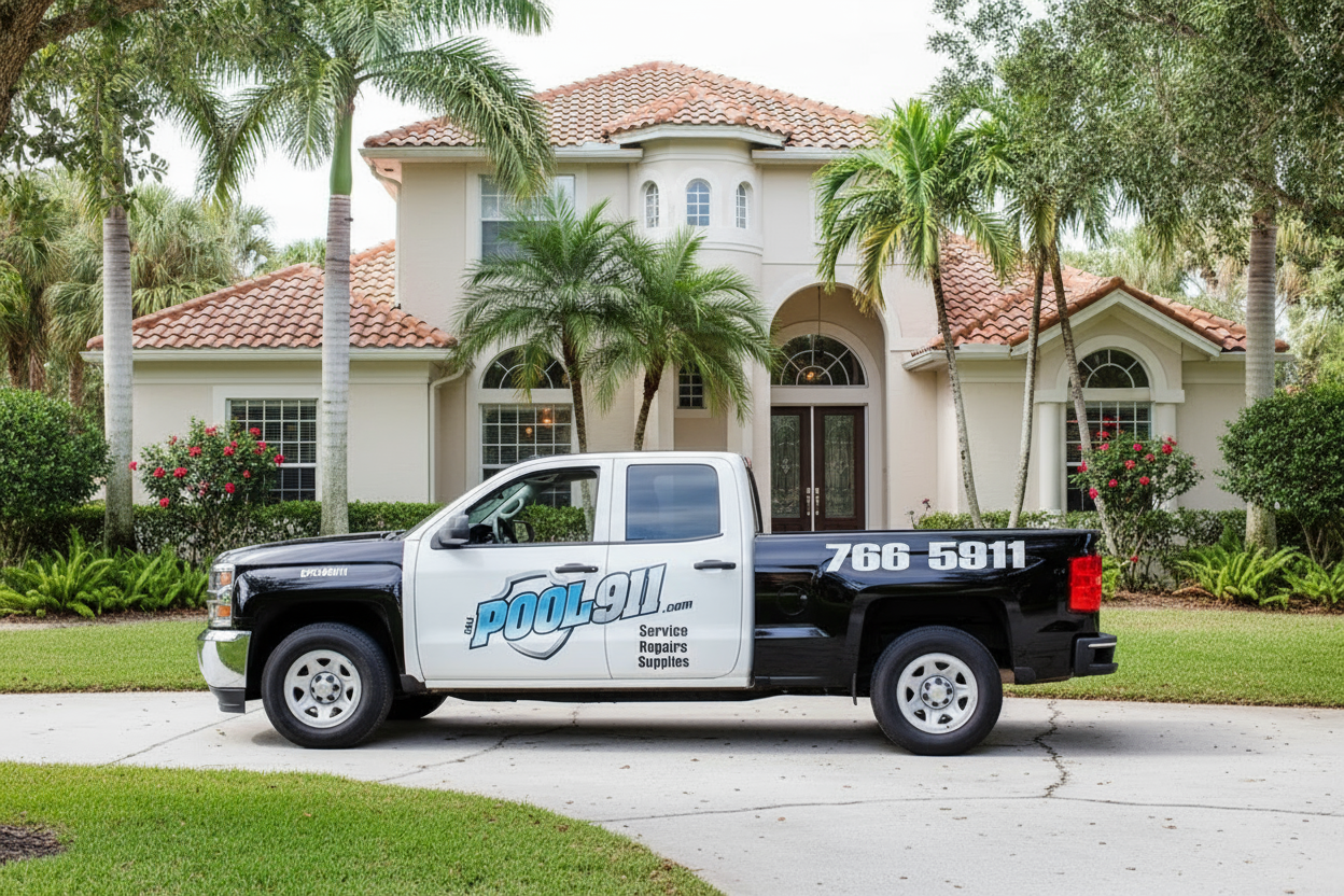 A service truck parked in front of a large, luxurious house with palm trees and well-maintained landscaping.