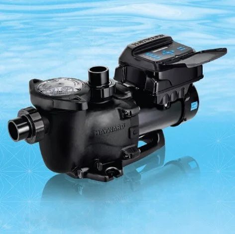 Above-ground pool pump with digital control panel on a blue pool background