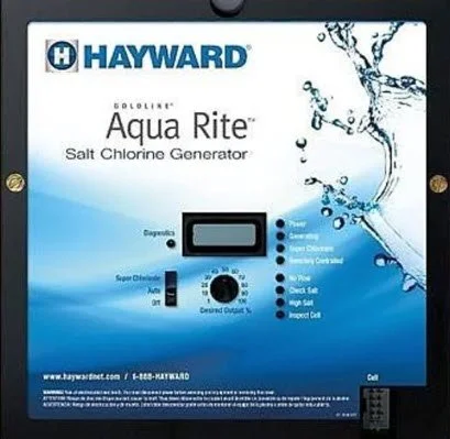 Control panel for a Hayward Aqua Rite Salt Chlorine Generator with digital display and control buttons.