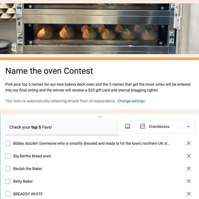 🍞🥐🥖🥯name the oven🥯🥖🥐🍞

Click the link and vote for your top 5 names for our new bakery deck oven and the 5 names that get the most votes will be entered into our final voting!

The winner will receive a $25 gift card, a chance to load the ove