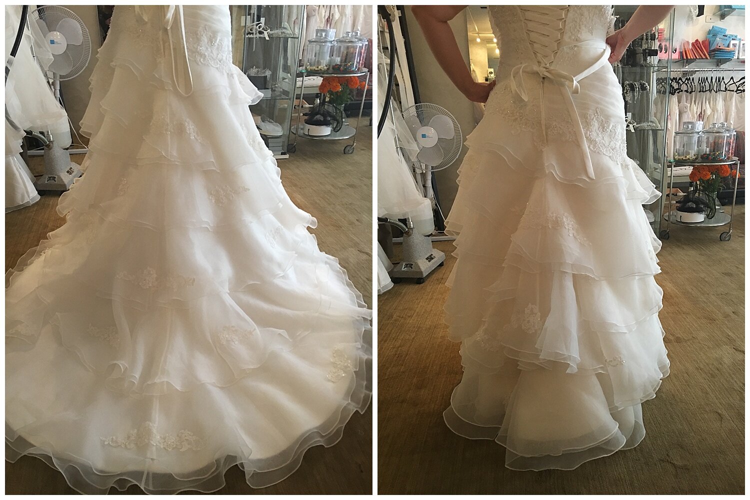 wedding dress bustle before and after