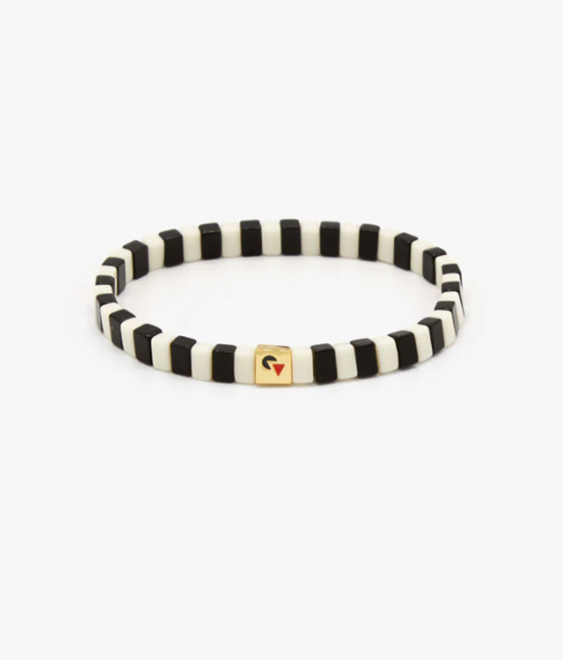 Clare V. Glass Beaded Stretch Bracelet in Black & Cream