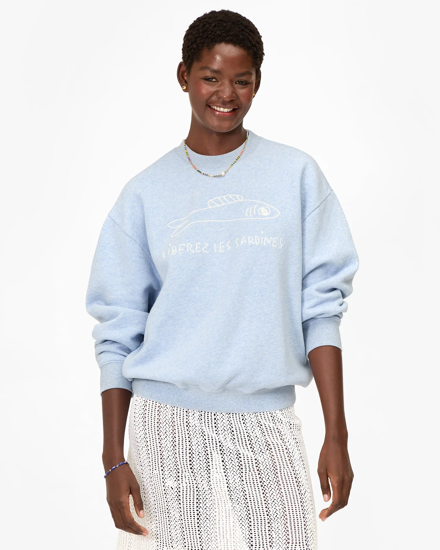 Clare V. Oversized Sweatshirt in Heather Blue Embroidered Liberez Les Sardines