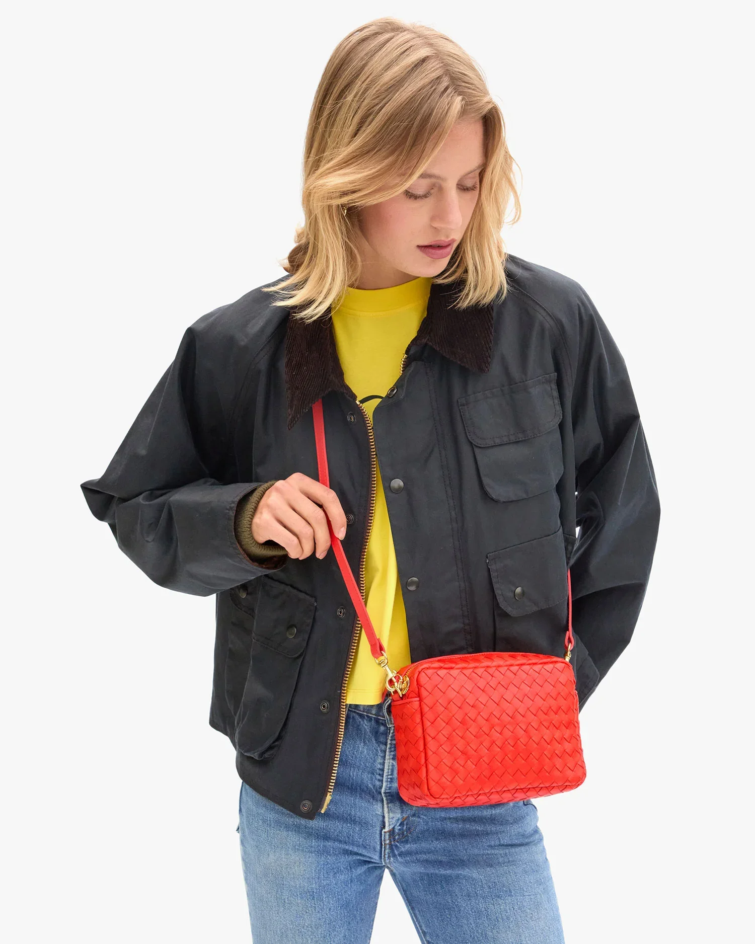 Clare V. Midi Sac in Bright Poppy Diagonal Woven — Zuri&Francis