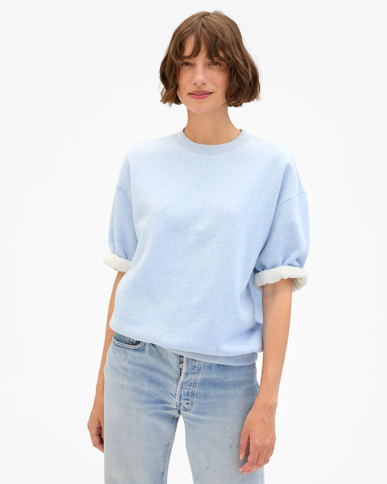 Clare V. Short Sleeve Oversized Sweatshirt in Heather Blue