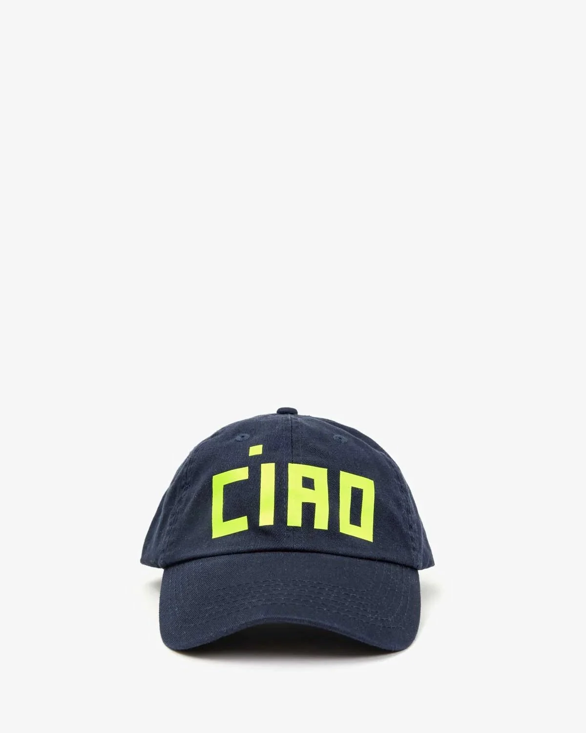 Clare V Ciao Baseball Hat Navy Blue Neon Lime Green Graphic Cap CLARE V. CIAO TRUCKER HAT – Interwoven main image 3