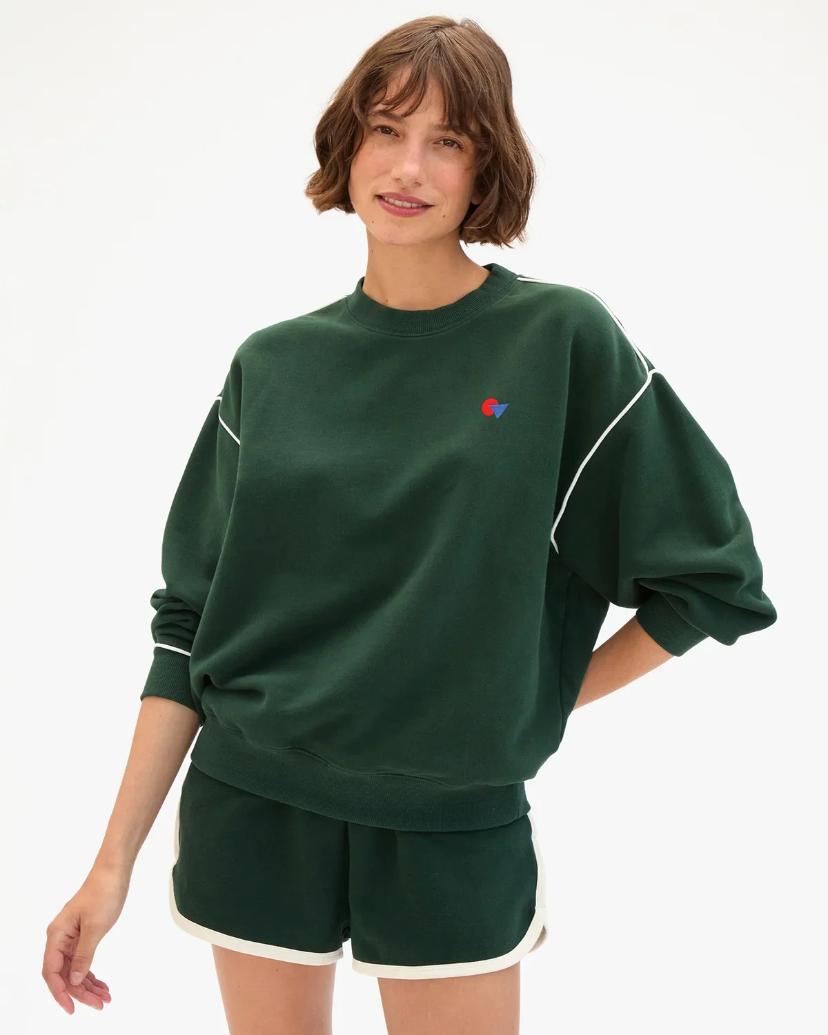 Clare V. Oversized Sweatshirt in Deep Forest w/ Cream Piping & Geo Embroidery