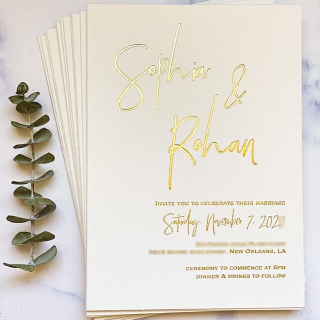 these turned out so beautifully!⁠
⁠
gold foil stamped on thiiiccc pearl white stock - this color palette exudes elegance! 🥂