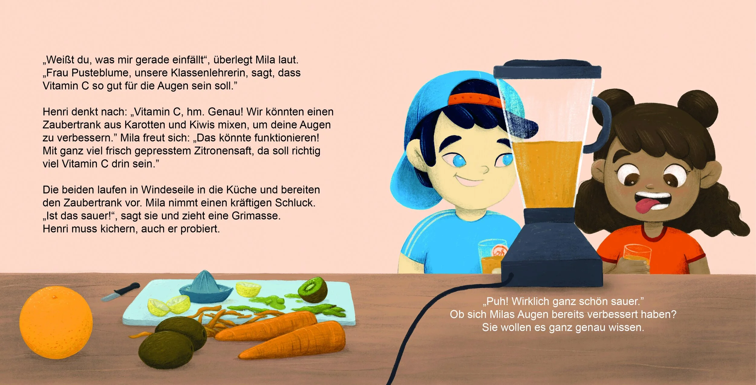 Kinderbuch Mila braucht eine Brille, Kinder in Küche, Doppelseite, Illustration Kinderbuch-Illustration