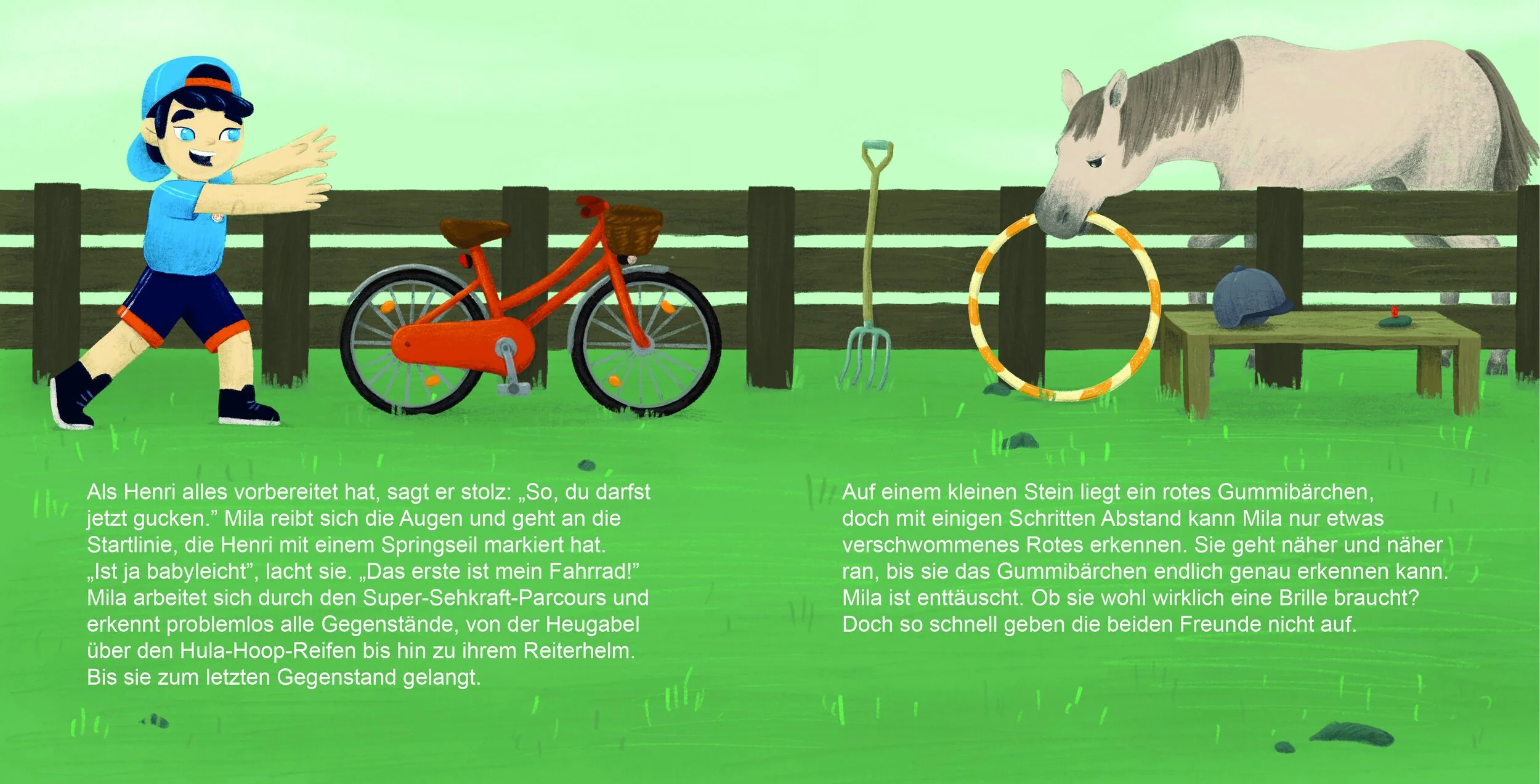 Kinderbuch Mila braucht eine Brille, Doppelseite, Junge präsentiert Fahrrad und Pferd, Illustration Kinderbuch-Illustration