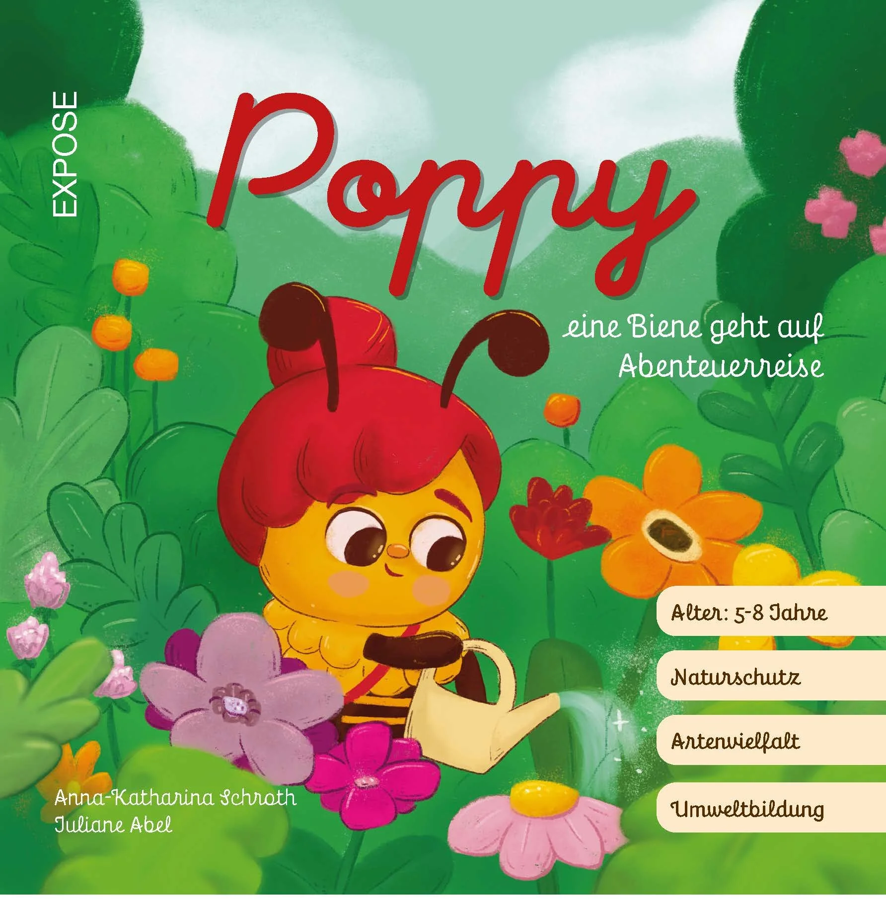 Kinderbuch-Expose Poppy, Kinderbuchillustration, Bienen-Illustration, Biene gießt Blumen