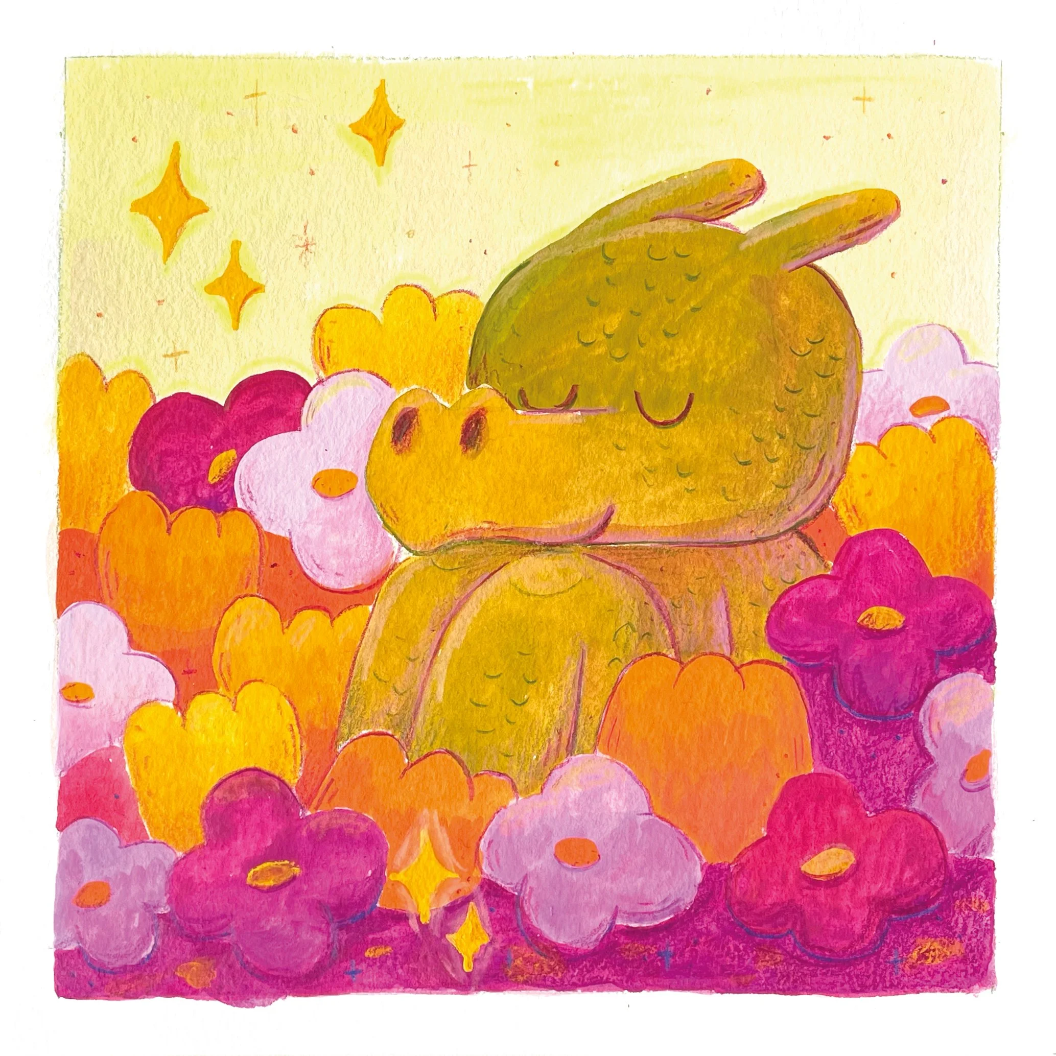 Handgemalte Illustration eines grünen Drachens in einem Blumenfeld mit gelben, orangen, rosa und pinken Blumen, Auftragskunst