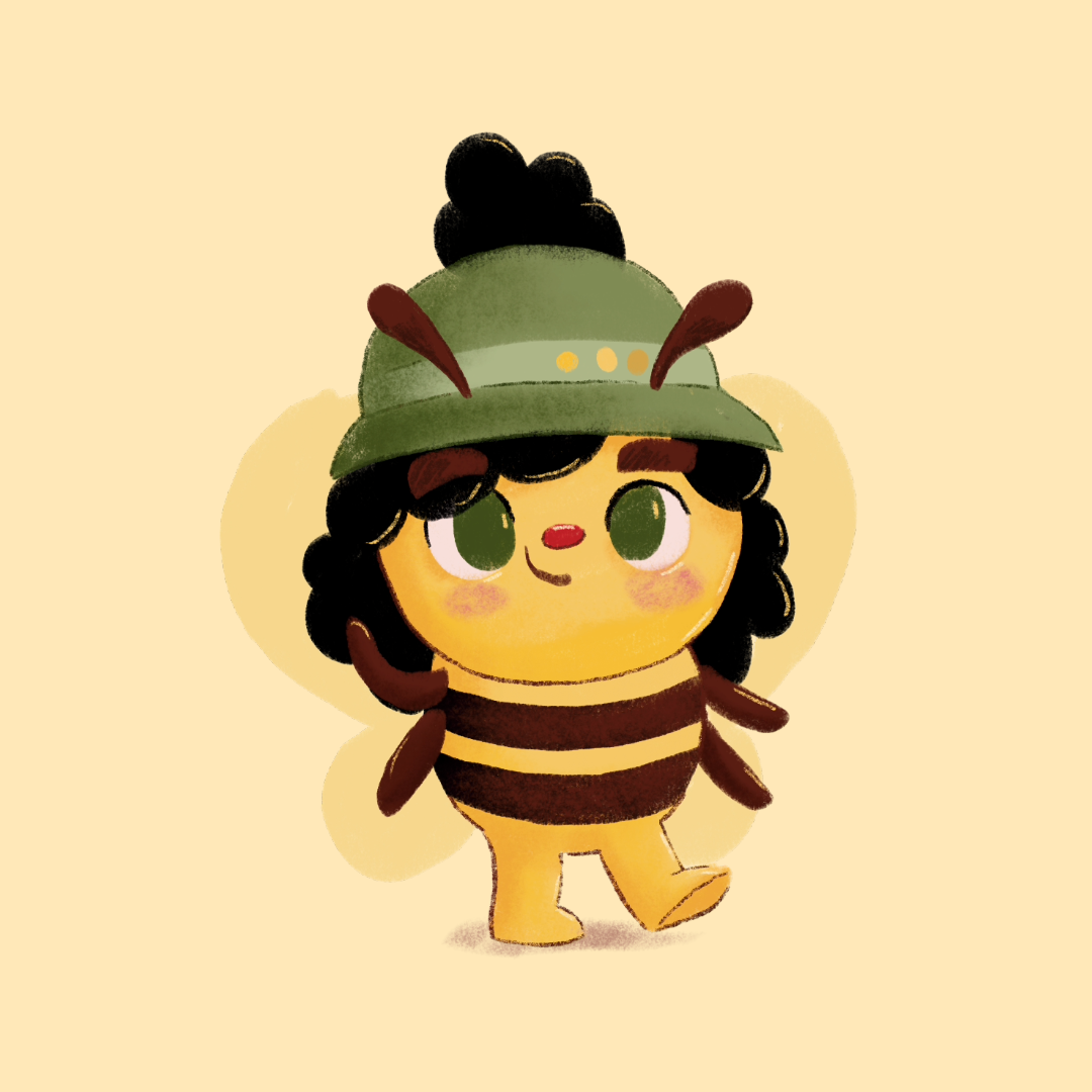 Kinderbuch-Expose Poppy, Kinderbuchillustration, Bienen-Illustration, Biene mit grünem Hut