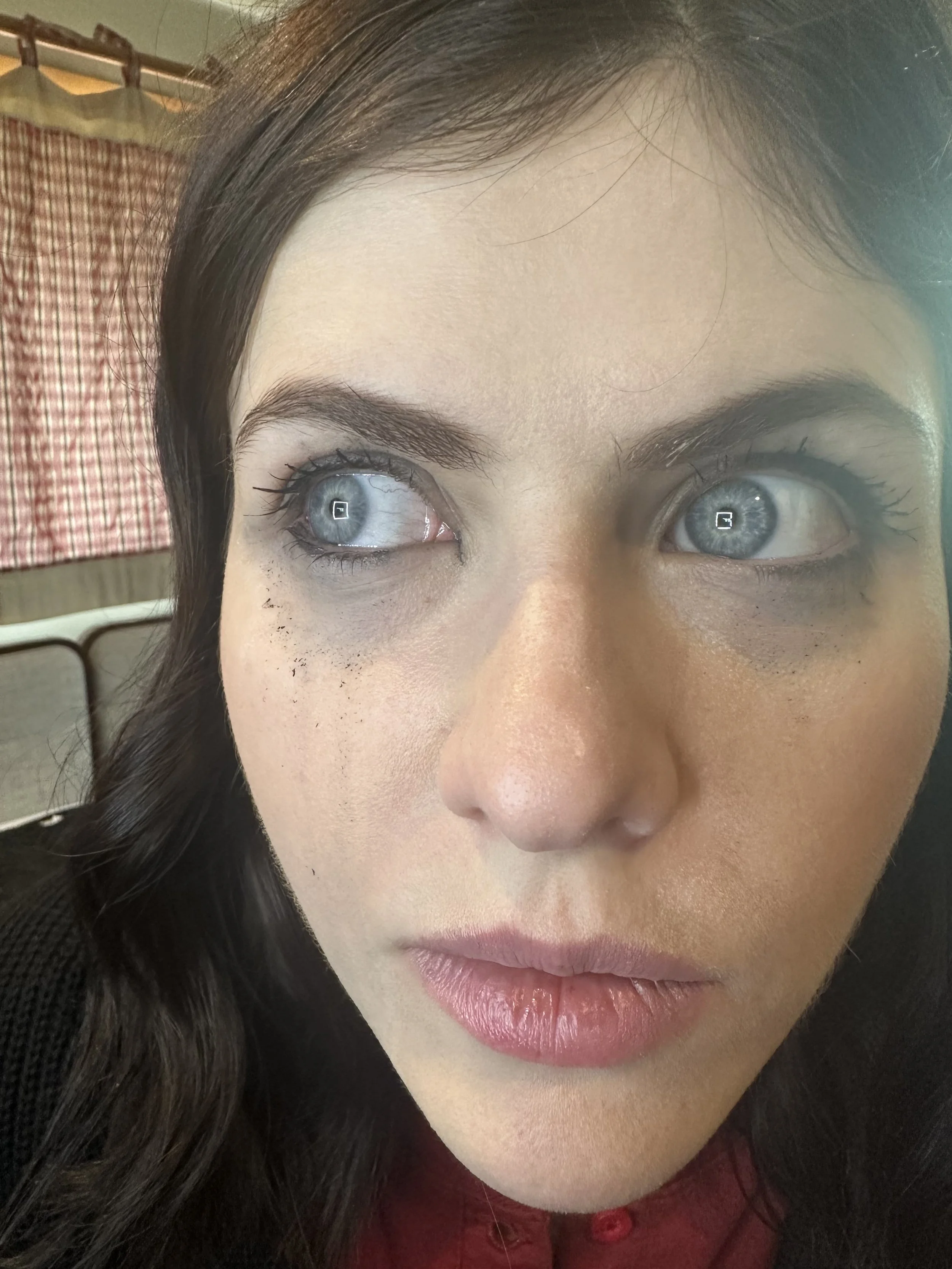Makeup run down face after crying  . Alexandra Daddario In Couples weekend.