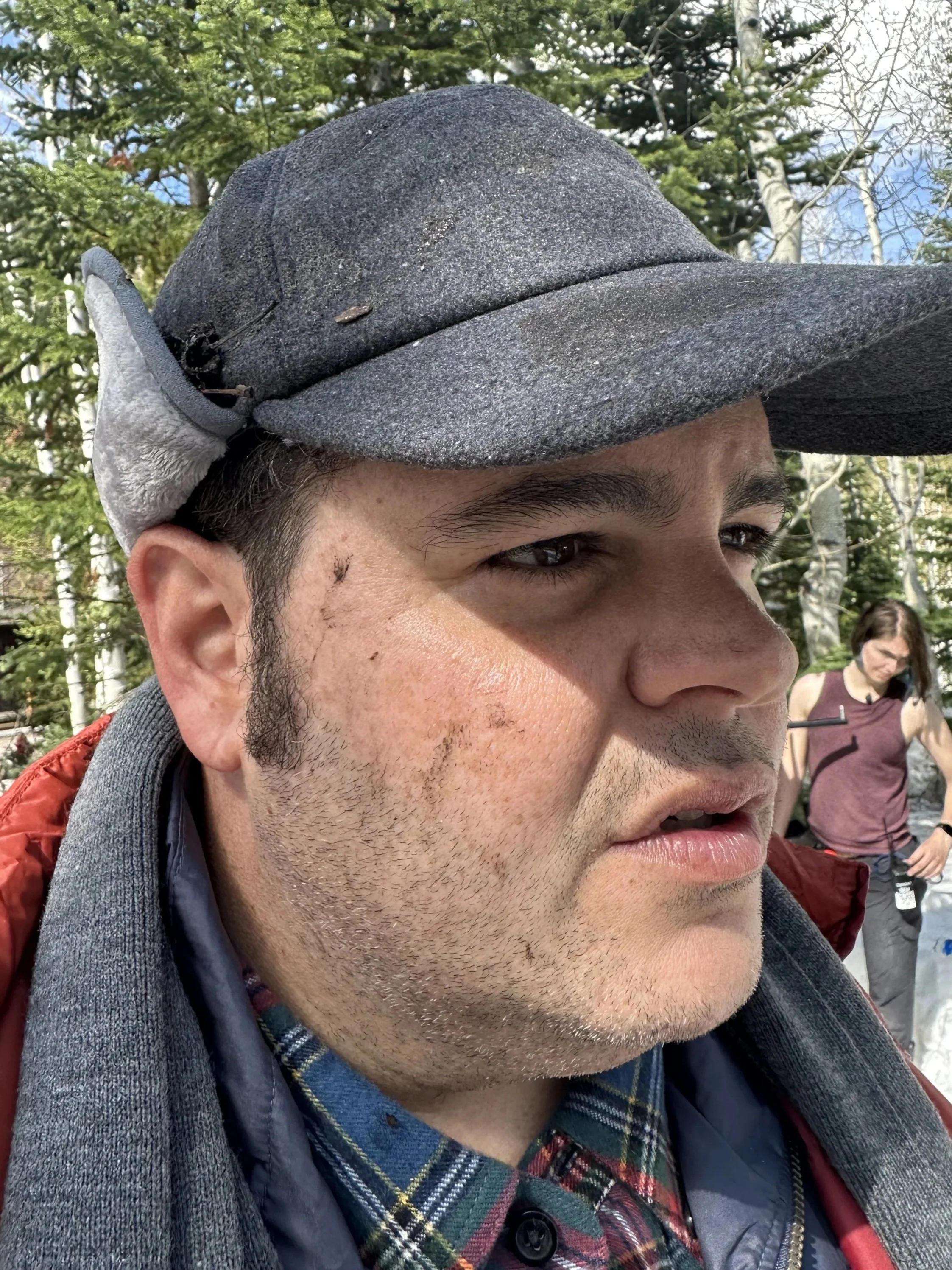 Dirt on face,Josh Gad in Couples Weekend