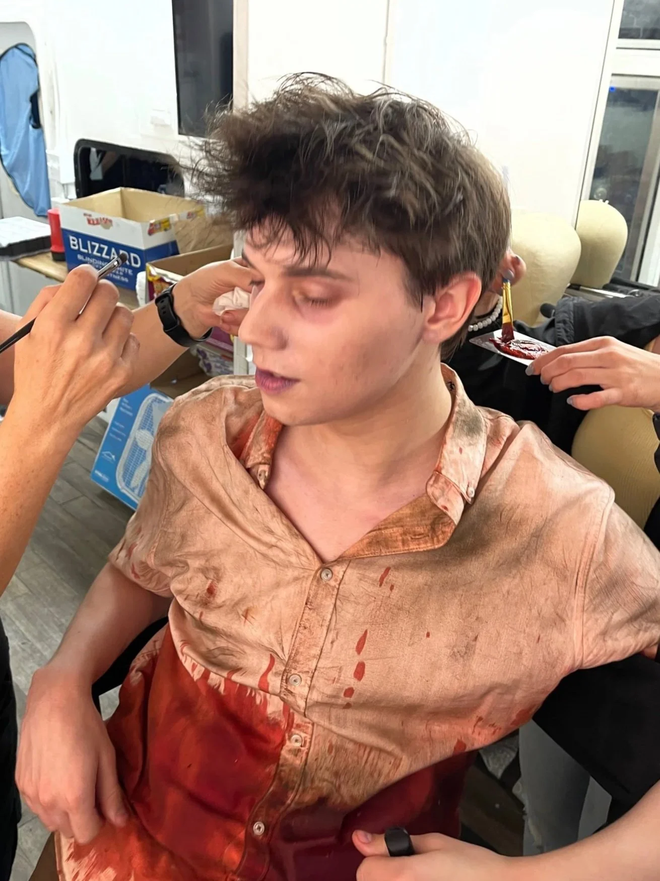 Anthony Turpel in THE HERMIT (being prepped for death scene)