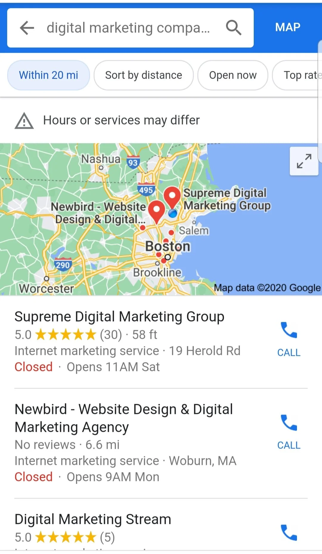 Google business "near me" search for Digital Marketing Companies near me