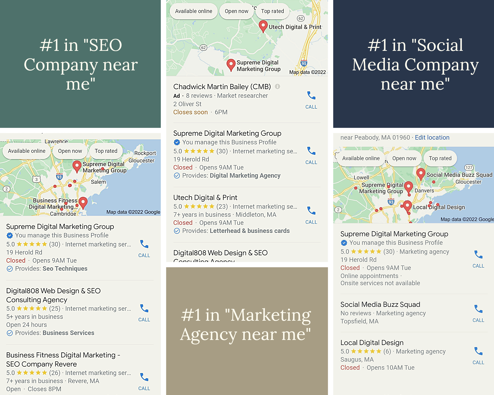 #1 in Search Engine Optimization for SEO Company near me, Social Media Company near me, and Marketing Agency near me