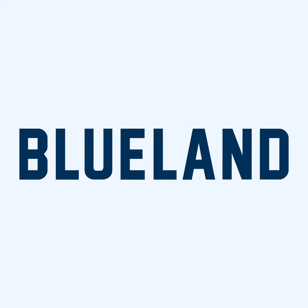 Light blue square with dark blue all caps text that says "Blueland"