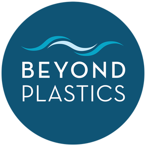 Blue circle with white text in all caps that says "Beyond Plastics" with an abstract wave of water above it in two different shades of blue